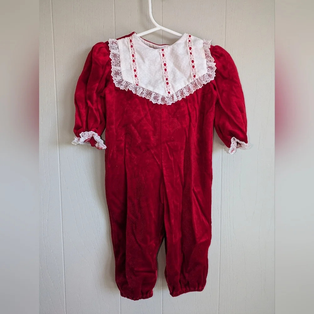 Precious Originals Vintage Red Velvet Jumper 9-12M Christmas Lace Jumpsuit 80s